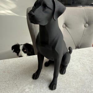 May include: A black dog statue in a seated position, with a smooth, matte finish. The sculpture has detailed features, including the dog's ears, snout, and paws. The dog is sitting on a light gray surface.