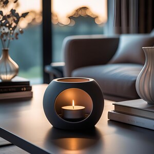 May include: A dark grey, spherical candle holder with a lit tea light inside. The holder is on a dark table, with a blurred background featuring a window, sofa, and vases. The candle's warm glow lights up the interior.