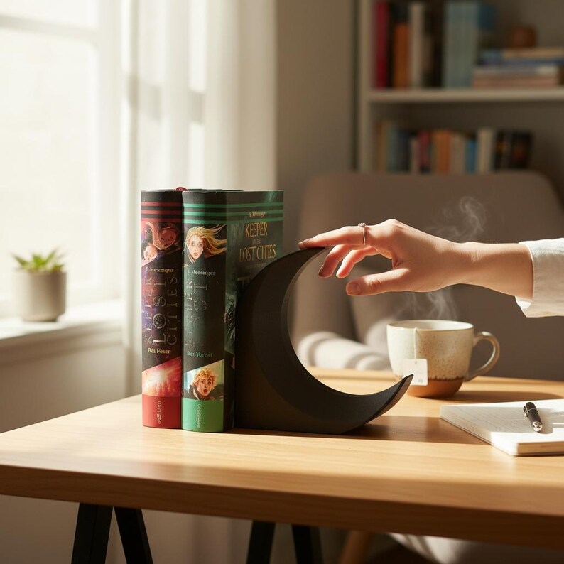 May include: A black crescent moon-shaped bookend supports three hardcover books on a wooden table. The books have colorful covers with the title "Keeper of the Lost Cities." A mug of tea steams nearby, and a hand reaches towards the bookend.