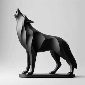 May include: A black, geometric wolf sculpture in a howling pose. The stylized figure stands on a rectangular base, with a smooth, matte finish. The wolf's form is defined by angular planes, creating a modern, artistic aesthetic.