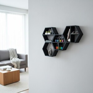 May include: A black, hexagonal wall shelf unit. The shelves display small plants, essential oil bottles, a small clock, and decorative items. The unit is mounted on a light grey wall.