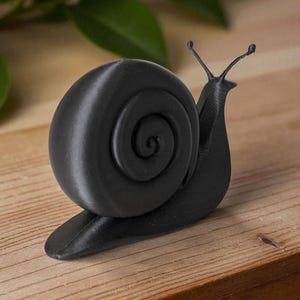 May include: A black snail figurine with a spiraled shell and two antennae. The snail is resting on a wooden surface. The figurine is a decorative item, possibly for a desk or shelf.