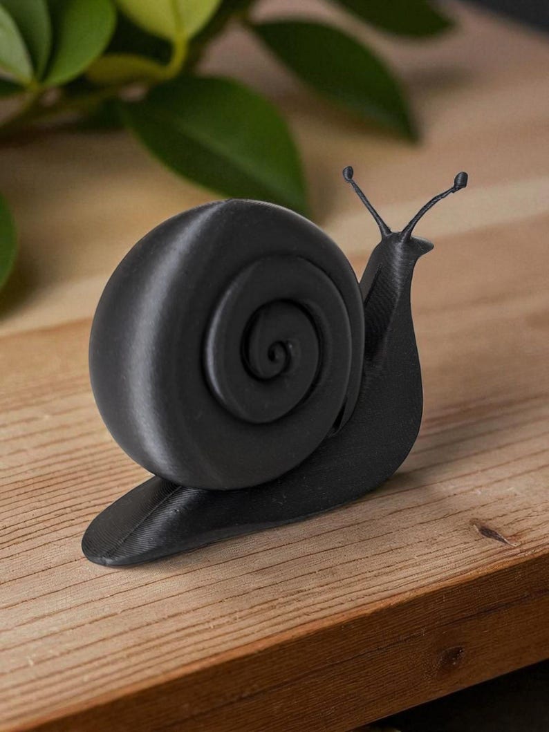 May include: A black snail figurine with a spiraled shell and two antennae. The snail is resting on a wooden surface. The figurine is a decorative item, possibly for a desk or shelf.