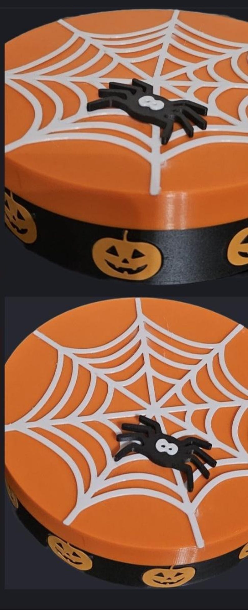 May include: A circular, orange Halloween decoration featuring a white spiderweb and a black spider. The base is black with jack-o'-lanterns. Ideal for seasonal home decor.
