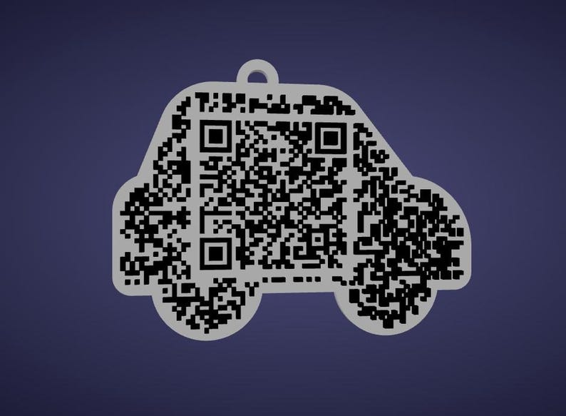 May include: A car-shaped pendant with a QR code design. The pendant is light gray and has a small loop at the top for hanging. The QR code is black and white, filling the car's outline. The background is a dark blue.