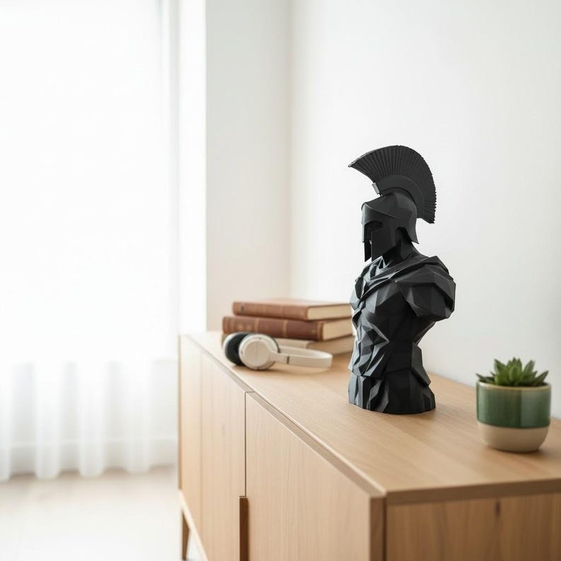 May include: A black geometric bust of a Spartan warrior wearing a helmet, placed on a light wood cabinet. Beside the bust are books, headphones, and a small potted plant. The bust is a decorative item.