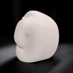 以下が含まれることがあります： 滑らかなオフホワイトの彫刻で、有機的で丸みを帯びた形をしています。 オブジェクトは、暗い背景に対して、片側にわずかなへこみがある球根状の形状をしています。 照明は柔らかい影を作り出しています。