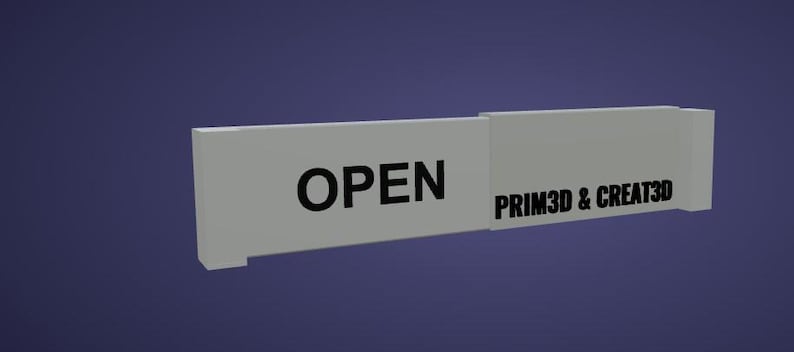 May include: A light gray rectangular object with the word "OPEN" in bold black letters. The text "PRIM3D & CREATE3D" is printed in black on the right side of the object. The background is a solid dark blue.