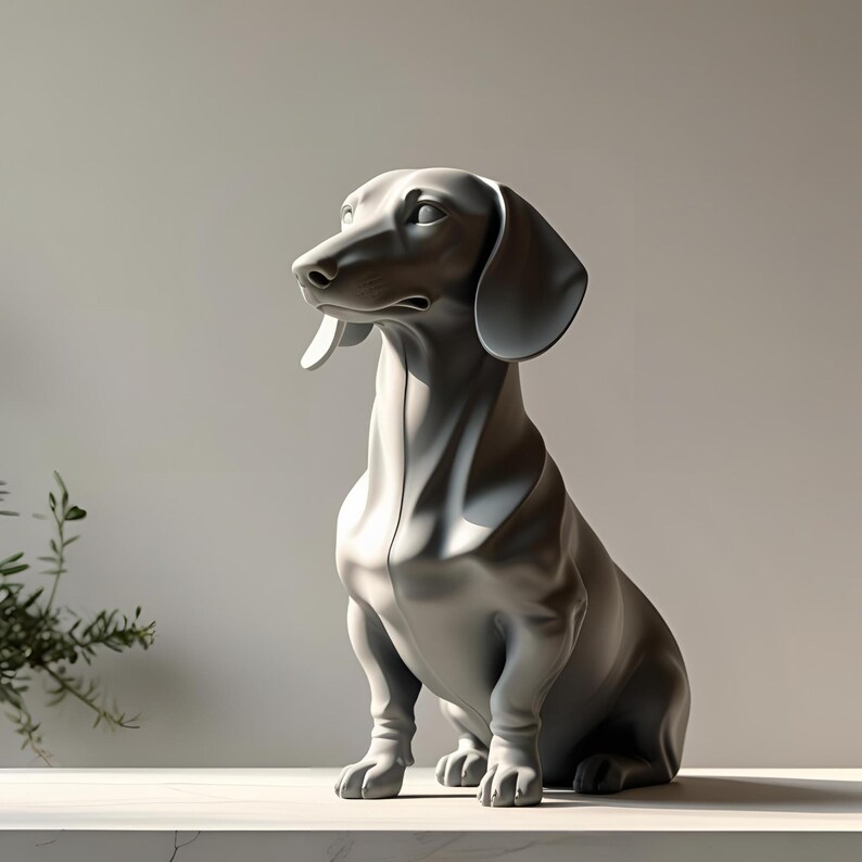 May include: A gray dachshund sculpture in a seated position. The dog has long ears and a long body, with its head turned to the left. The sculpture is on a white surface, with a light gray background.