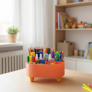 May include: An orange desk organizer with yellow legs, filled with colorful pencils, markers, scissors, and glue bottles. The organizer is on a wooden table, with a window and a bookshelf in the background.