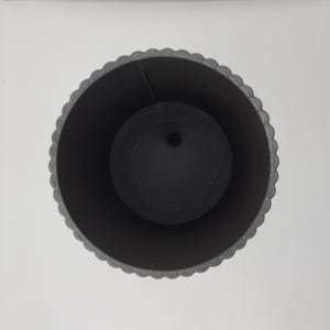 May include: A black, cylindrical planter with a scalloped rim. Inside, a smaller, round, black insert with a central hole is visible. The planter is set against a plain white background, creating a stark contrast.