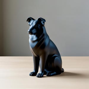 May include: A black ceramic dog figurine in a seated position. The dog has a smooth, glossy finish and is sitting on a light-colored wooden surface. The figurine is a decorative item.