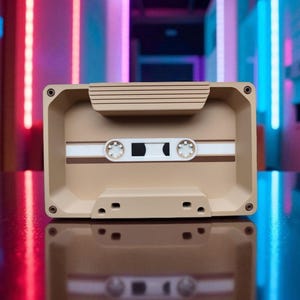 Pu&ograve; includere: Un contenitore beige a forma di musicassetta con dettagli bianchi e marroni. Il contenitore ha una forma rettangolare con angoli arrotondati e piccoli dettagli circolari. Il design imita una classica musicassetta.