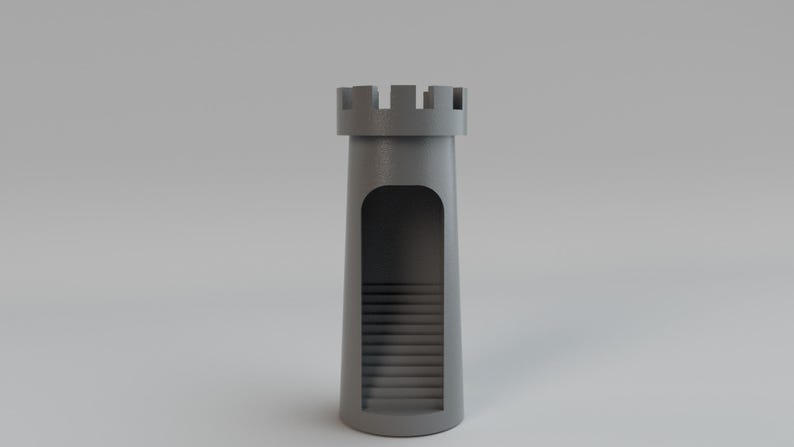 May include: A gray, cylindrical castle tower with a crenelated top. The tower has a large arched opening revealing interior stairs. The tower is a solid, 3D-rendered object, suitable for a toy or decorative item.