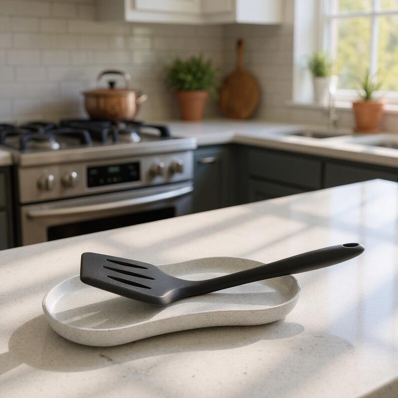 May include: A black spatula sits on a speckled, light grey ceramic spoon rest. The kitchen setting includes a stainless steel cooker, copper pan, and potted plants, suggesting a culinary theme.