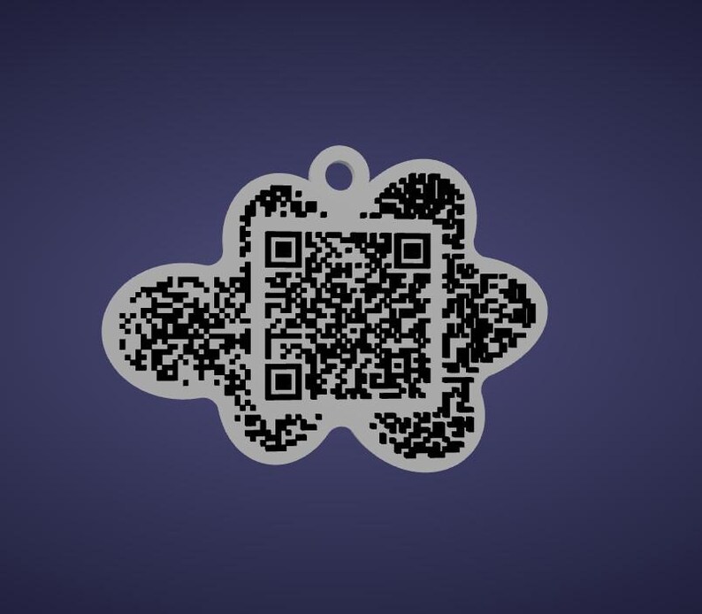 May include: A gray cloud-shaped tag with a QR code in the center and a small hole at the top. The QR code is black and white, and the tag is set against a dark blue background.