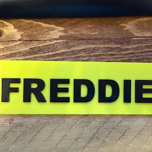 Pu&ograve; includere: Un'etichetta rettangolare con il nome "FREDDIE" in grassetto, lettere nere su uno sfondo giallo brillante. L'etichetta con il nome &egrave; posizionata su una superficie di legno con venature visibili.