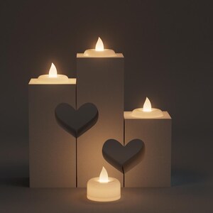 May include: A decorative candle display featuring four glowing LED candles. The candles are placed on tiered, rectangular blocks with heart-shaped cutouts. The overall color scheme is neutral with a warm, inviting glow.