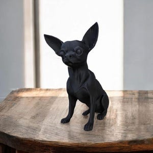 May include: A black Chihuahua figurine with large ears, sitting on a wooden table. The dog statue is a solid color and has a smooth finish. The figurine is a decorative item, suitable for home decor.