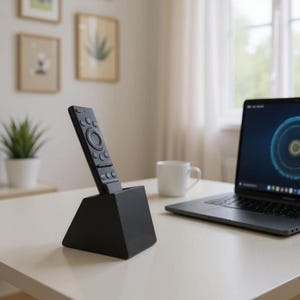 May include: A black remote control sits in a black stand on a white desk. The remote has multiple buttons and a circular control. A laptop and a white mug are also on the desk. Artwork hangs on the wall in the background.