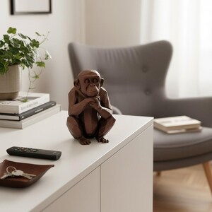 May include: A brown geometric chimpanzee sculpture sits on a white surface. The sculpture is a detailed representation of a chimpanzee in a seated position, with its hands clasped under its chin. The sculpture is a decorative item.