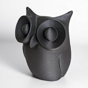 Op de afbeelding: Een matzwarte uilfiguur met grote, ronde ogen en puntige oorpluimen. De uil is een decoratief item, waarschijnlijk voor interieurdecoratie, tegen een effen witte achtergrond.