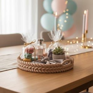 Puede incluir: Una bandeja decorativa con dise&ntilde;o de cuerda trenzada contiene macarons envueltos, un frasco de perfume y una peque&ntilde;a suculenta en maceta. La bandeja est&aacute; sobre una mesa de madera, con globos y velas al fondo.