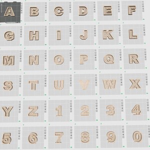 May include: A collection of individual, light brown, textured letters and numbers. The letters range from A to Z, and the numbers are 0 through 9. Each character is displayed on a grid background.