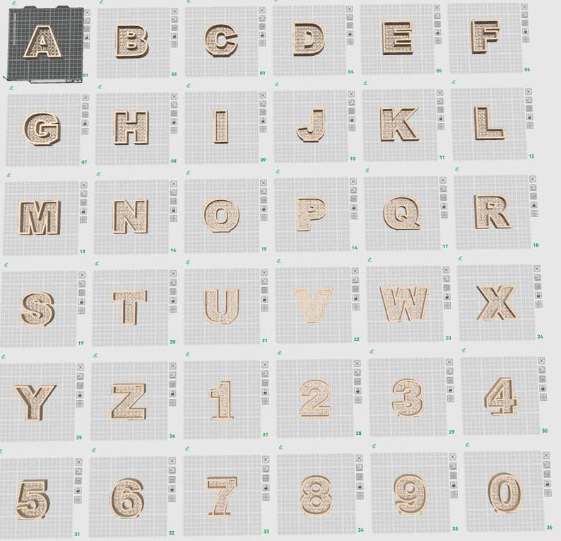 May include: A collection of individual, light brown, textured letters and numbers. The letters range from A to Z, and the numbers are 0 through 9. Each character is displayed on a grid background.