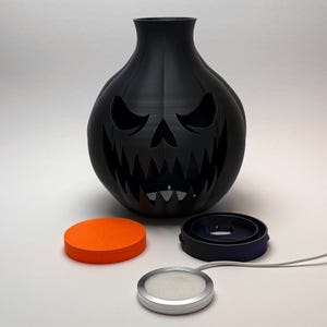 Puede incluir: Un jarr&oacute;n decorativo negro con forma de calabaza con una cara tallada, perfecto para Halloween. Incluye un disco naranja, un anillo negro y una luz plateada con un cable blanco. El jarr&oacute;n tiene una boca ancha y una superficie texturizada.