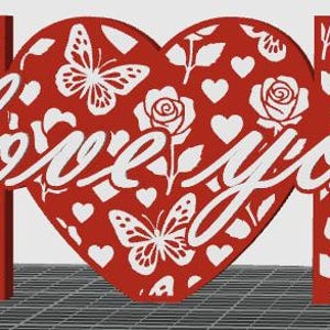 May include: A red wooden sign that spells out "MOM" with a heart in the middle. The heart and letters are decorated with butterflies, roses, and the words "love you".