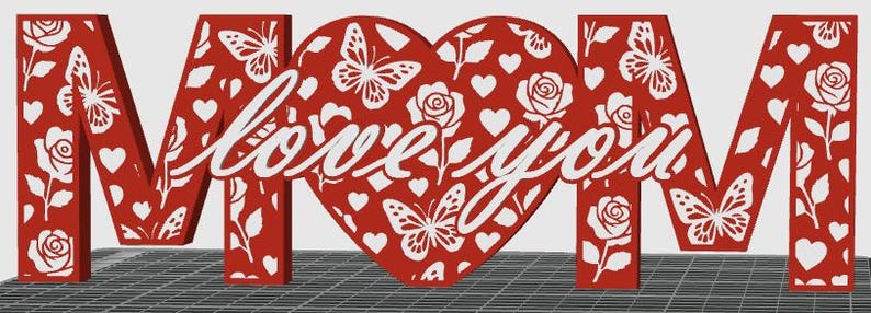 May include: A red wooden sign that spells out "MOM" with a heart in the middle. The heart and letters are decorated with butterflies, roses, and the words "love you".