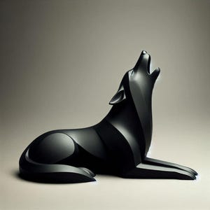 May include: A sleek, black sculpture of a howling wolf. The stylized artwork depicts the wolf in a seated position with its head raised and mouth open. The sculpture has smooth, curved lines and a glossy finish.