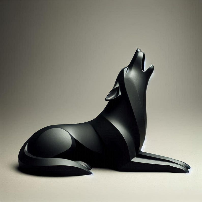 May include: A sleek, black sculpture of a howling wolf. The stylized artwork depicts the wolf in a seated position with its head raised and mouth open. The sculpture has smooth, curved lines and a glossy finish.