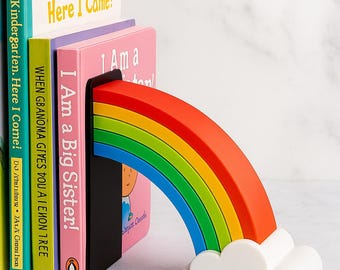 Rainbow Bookends (pair)– Colourful Cloud Book Holder for Kids, Nursery, or Playroom | 3D Printed Rainbow Shelf Decor
