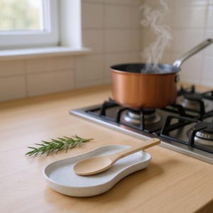 May include: A speckled ceramic spoon rest in light grey with a wooden spoon. A copper saucepan is on a gas hob, with steam rising. A sprig of rosemary is beside the spoon rest. The kitchen scene is bright and airy.