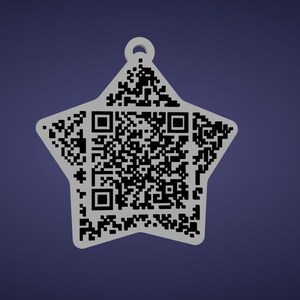 May include: A white star-shaped tag with a QR code pattern. The tag has a small loop at the top for hanging. The background is a solid dark blue color.