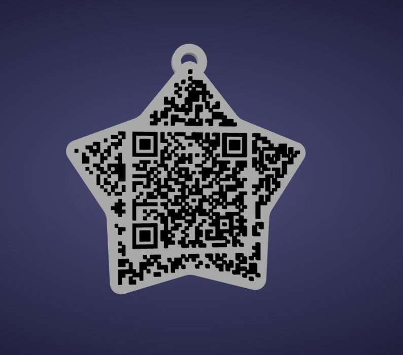 May include: A white star-shaped tag with a QR code pattern. The tag has a small loop at the top for hanging. The background is a solid dark blue color.