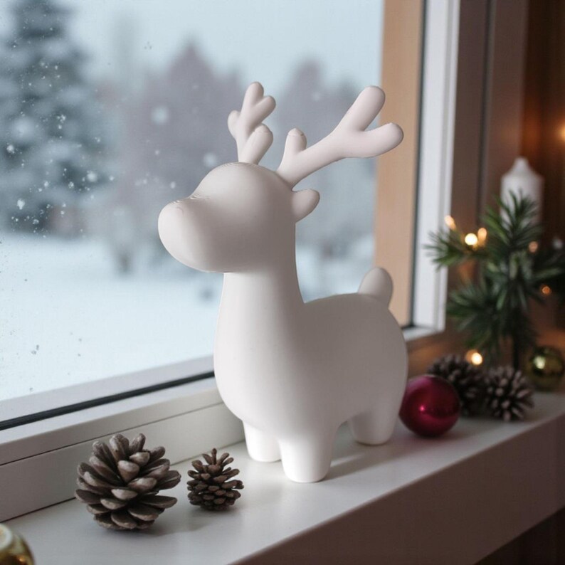 May include: A white ceramic reindeer figurine with antlers, standing on a windowsill. The figurine is next to pine cones and a red ornament. The background shows a snowy winter scene.