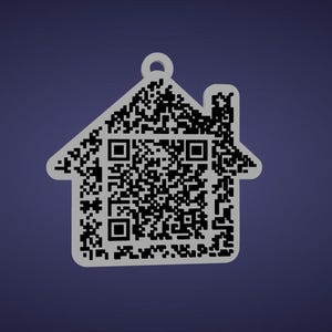 May include: A house-shaped pendant with a QR code design. The pendant is outlined in a light gray color, with a small loop at the top for hanging. The QR code is black and white, filling the house shape.