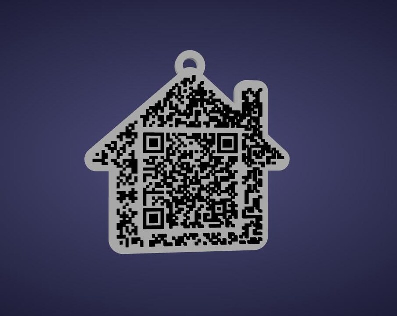May include: A house-shaped pendant with a QR code design. The pendant is outlined in a light gray color, with a small loop at the top for hanging. The QR code is black and white, filling the house shape.