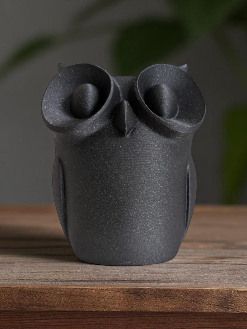 Op de afbeelding: Een matzwarte uilfiguur met grote, ronde ogen en een getextureerd oppervlak. De uil staat op een houten oppervlak, wat de gedetailleerde kenmerken en het minimalistische ontwerp benadrukt. Dit decoratieve item voegt een vleugje door de natuur ge&iuml;nspireerde charme toe.