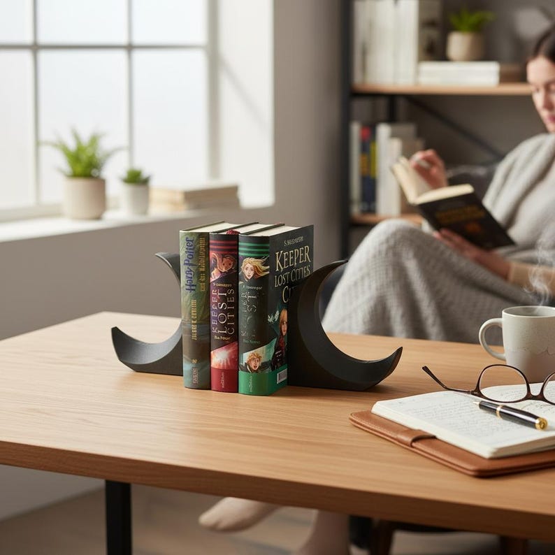 May include: A wooden table with three books held by black crescent-shaped bookends. A person is reading a book in the background. A notebook, pen, and glasses are on the table.