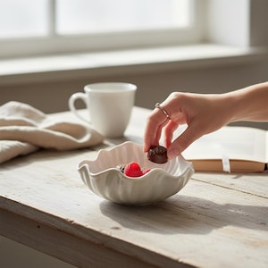 Puede incluir: Un cuenco de cer&aacute;mica blanco con borde festoneado contiene frambuesas frescas y una trufa de chocolate. Una mano se extiende para recoger la trufa. Una taza blanca y un libro est&aacute;n en el fondo sobre una mesa de madera.