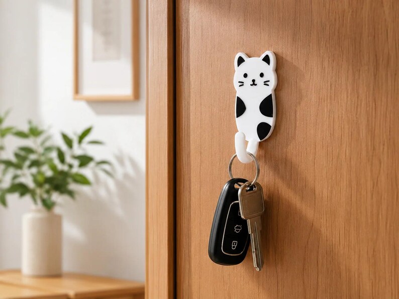 Cat Key Holder Hook - Self Adhesive Wall Key Hanger, Kawaii Home Decor, Entryway Organiser, Gift for Cat Lovers, No Drill Hook UK image 2