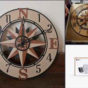 Compass Rose Wall Clock | Nautical Decorative Clock | Vintage Style Home Decor | Large Statement Wall Clock | Living Room Clock Bild 2