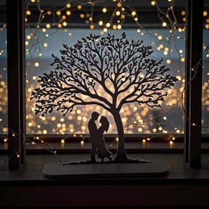 May include: A dark silhouette of a couple embracing under a tree, set against a backdrop of soft, glowing lights. The tree's intricate branches and the couple's figures are cut from a dark material, creating a romantic and artistic scene.