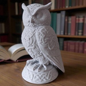 May include: A detailed, light gray owl figurine with intricate Celtic knotwork patterns on its body and base. The owl is perched on a round base, with a detailed face and large eyes. The background features a bookshelf filled with books.