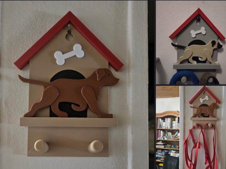 May include: Wooden dog house-shaped wall decor with a red roof, bone accent, and a brown dog silhouette. Features a shelf and two pegs for hanging items. A charming addition for pet lovers.