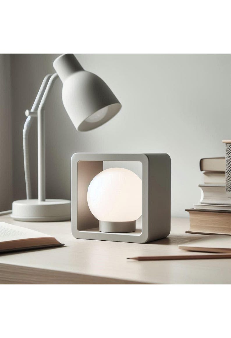 May include: A modern, minimalist desk lamp with a square frame and a spherical light. The lamp is a soft gray color and sits on a light-colored desk. A matching adjustable desk lamp is in the background, along with books and a pencil.